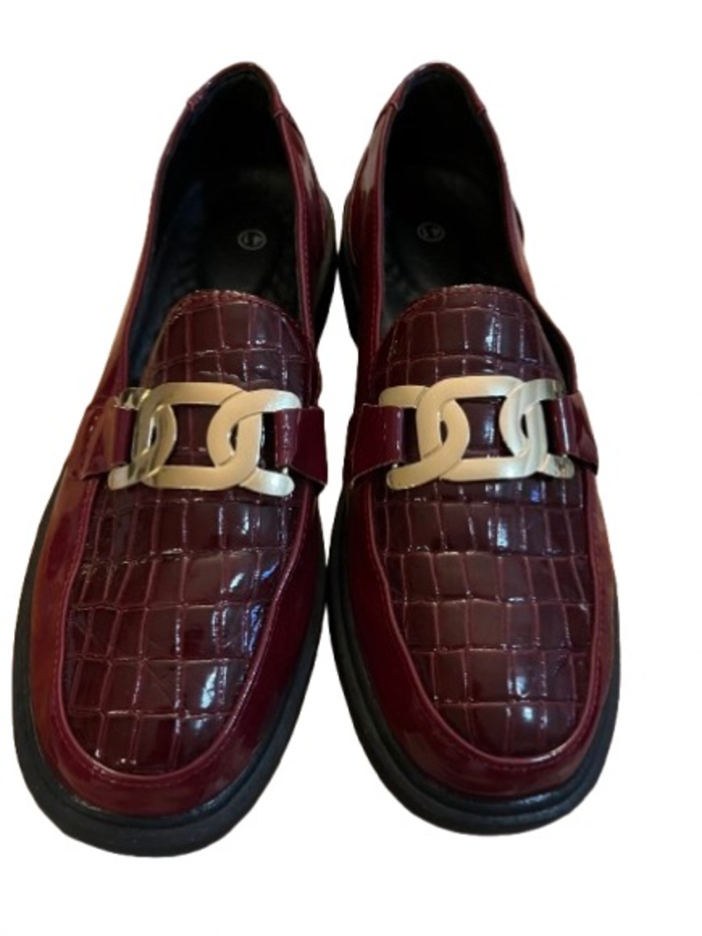 Patent Burgundy Croc-Embossed Loafers Gold Chain Accent Sz 8.5 Maroon Chuncky